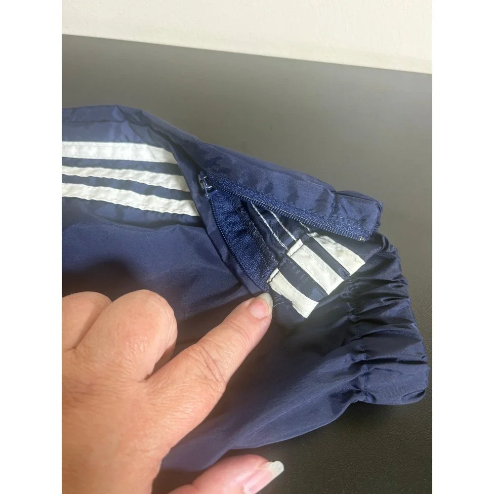 Adidas Mens Vtg 90s Track Pants Navy White Stripe Nylon Windbreaker XL Zip Leg